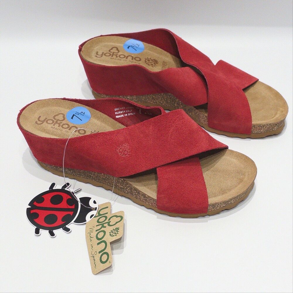 NWOB Yokono Red Leather Criss Cross Cork Wedge Sandals Made in Spain Women 7.5